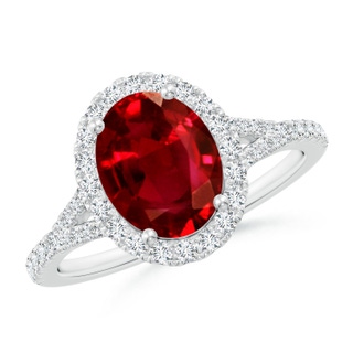 9x7mm AAAA Oval Ruby Halo Split Shank Engagement Ring in P950 Platinum