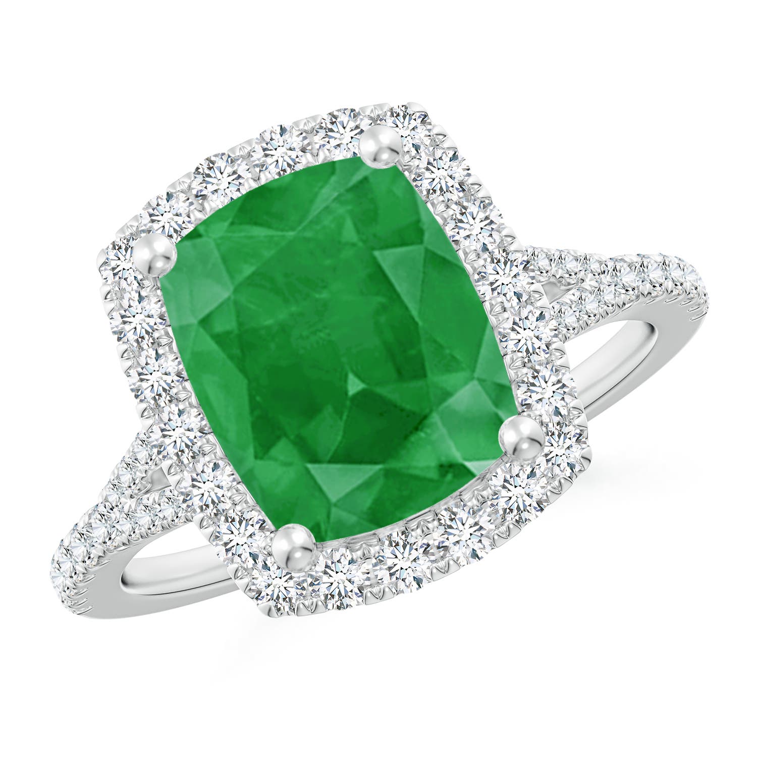 10x8mm A Cushion Rectangular Emerald Halo Split Shank Engagement Ring in P950 Platinum