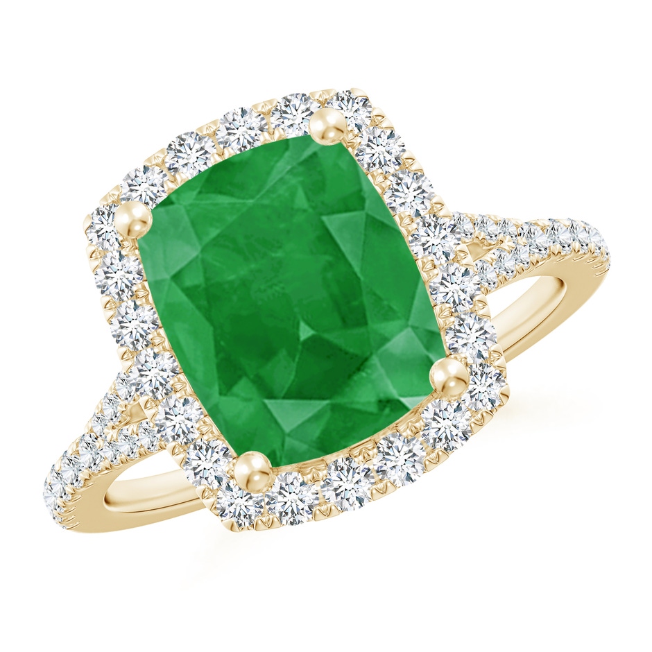 10x8mm A Cushion Rectangular Emerald Halo Split Shank Engagement Ring in Yellow Gold 