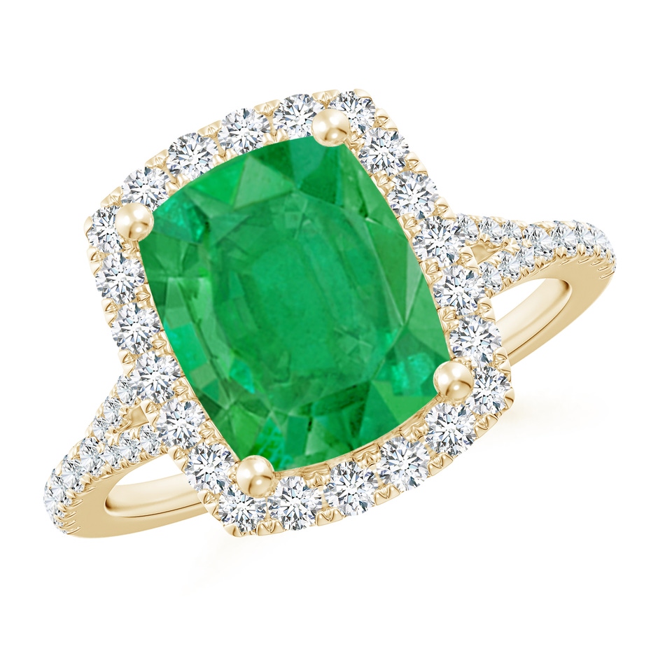 10x8mm AA Cushion Rectangular Emerald Halo Split Shank Engagement Ring in Yellow Gold 