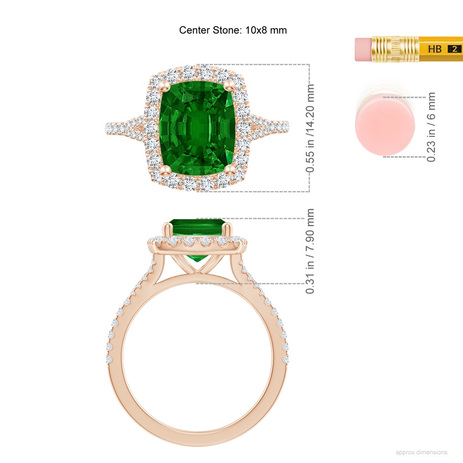 10x8mm AAAA Cushion Rectangular Emerald Halo Split Shank Engagement Ring in 18K Rose Gold ruler