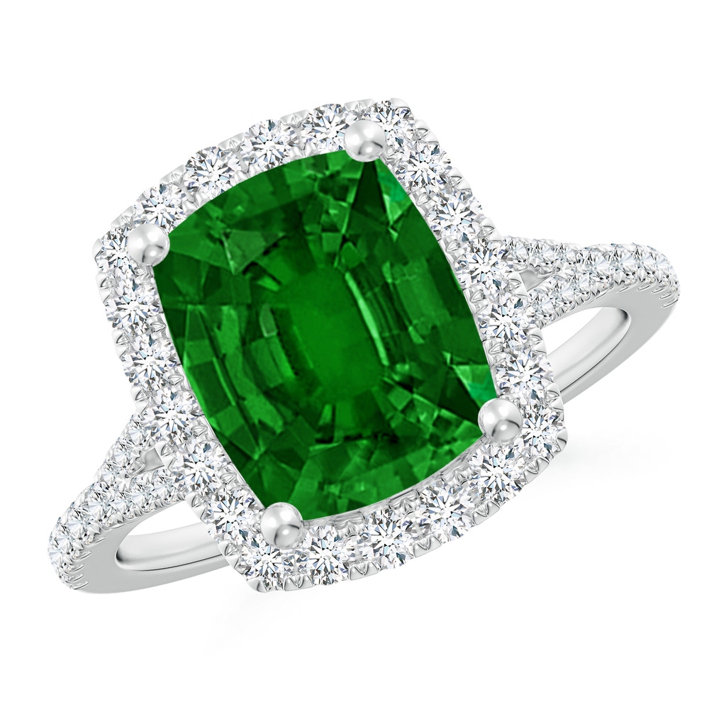 10x8mm AAAA Cushion Rectangular Emerald Halo Split Shank Engagement Ring in P950 Platinum