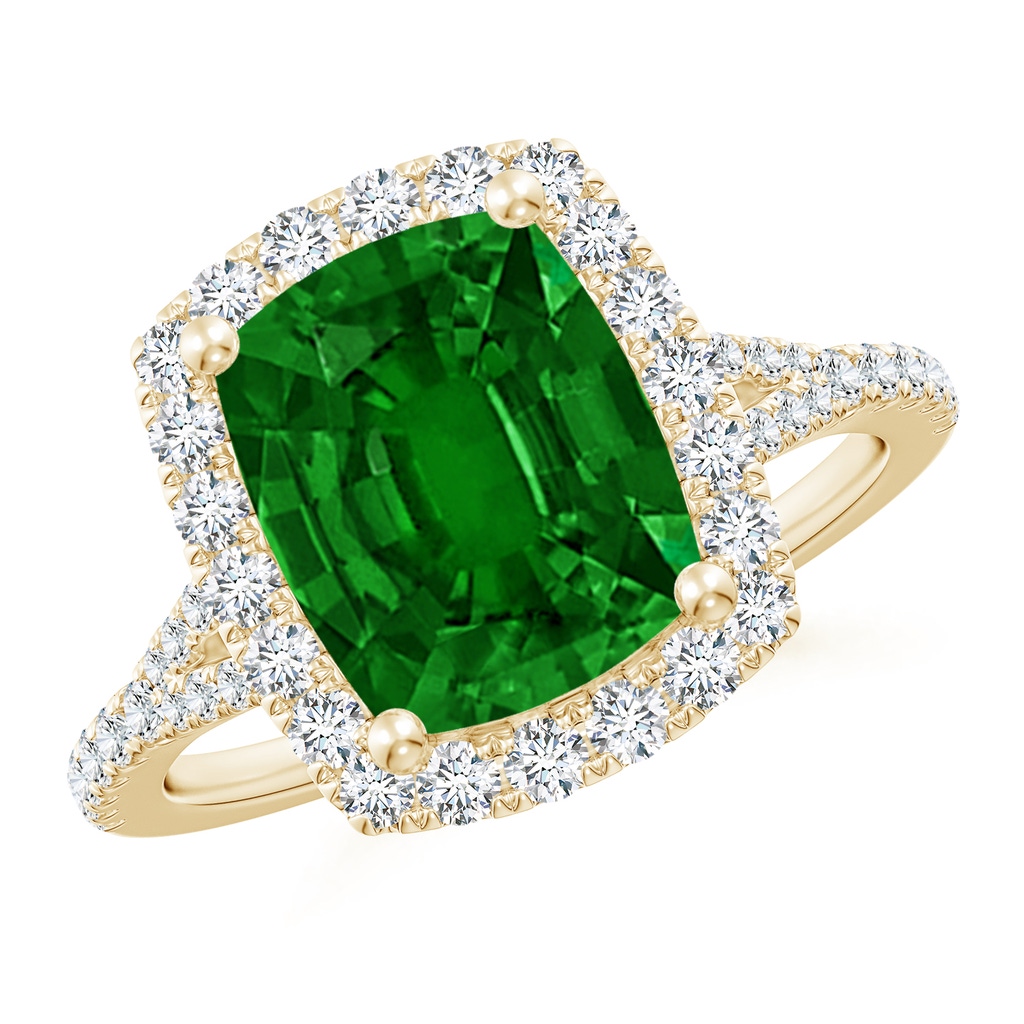 10x8mm AAAA Cushion Rectangular Emerald Halo Split Shank Engagement Ring in Yellow Gold
