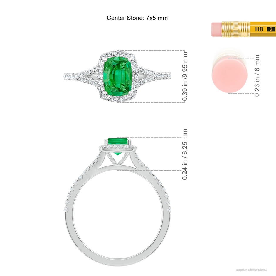 7x5mm AAA Cushion Rectangular Emerald Halo Split Shank Engagement Ring in White Gold ruler