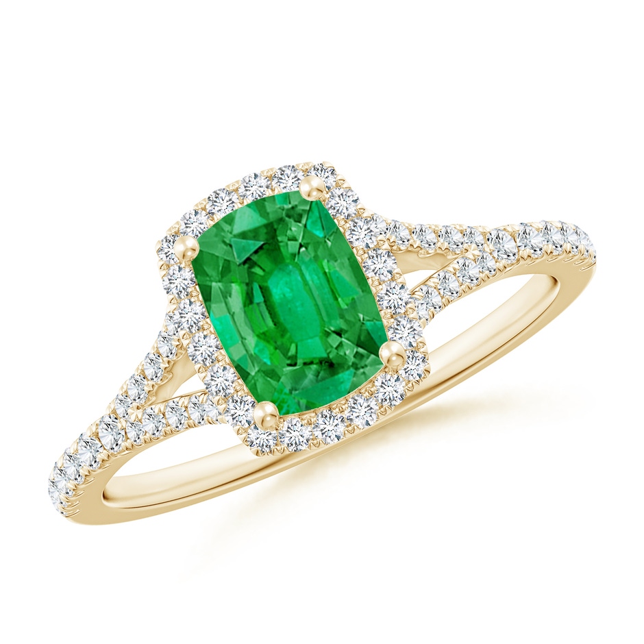 7x5mm AAA Cushion Rectangular Emerald Halo Split Shank Engagement Ring in Yellow Gold 