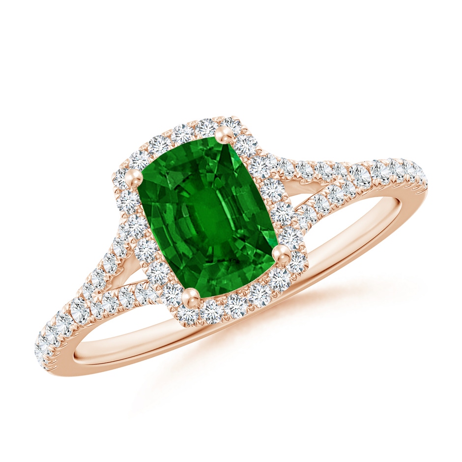 7x5mm AAAA Cushion Rectangular Emerald Halo Split Shank Engagement Ring in Rose Gold 