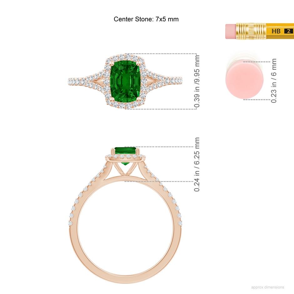 7x5mm AAAA Cushion Rectangular Emerald Halo Split Shank Engagement Ring in Rose Gold ruler