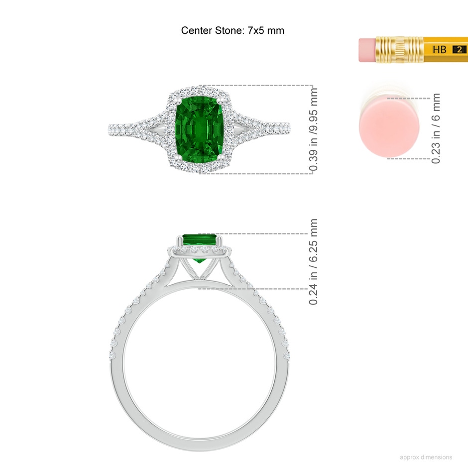 7x5mm AAAA Cushion Rectangular Emerald Halo Split Shank Engagement Ring in White Gold ruler