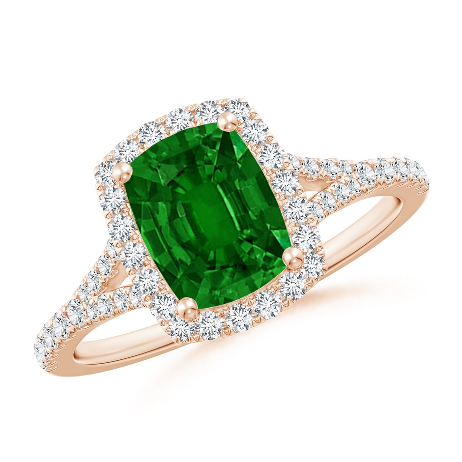 8x6mm AAAA Cushion Rectangular Emerald Halo Split Shank Engagement Ring in 18K Rose Gold 