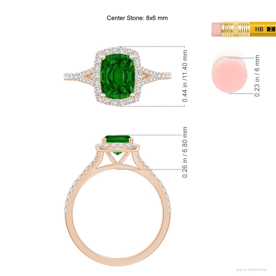 8x6mm AAAA Cushion Rectangular Emerald Halo Split Shank Engagement Ring in 18K Rose Gold ruler