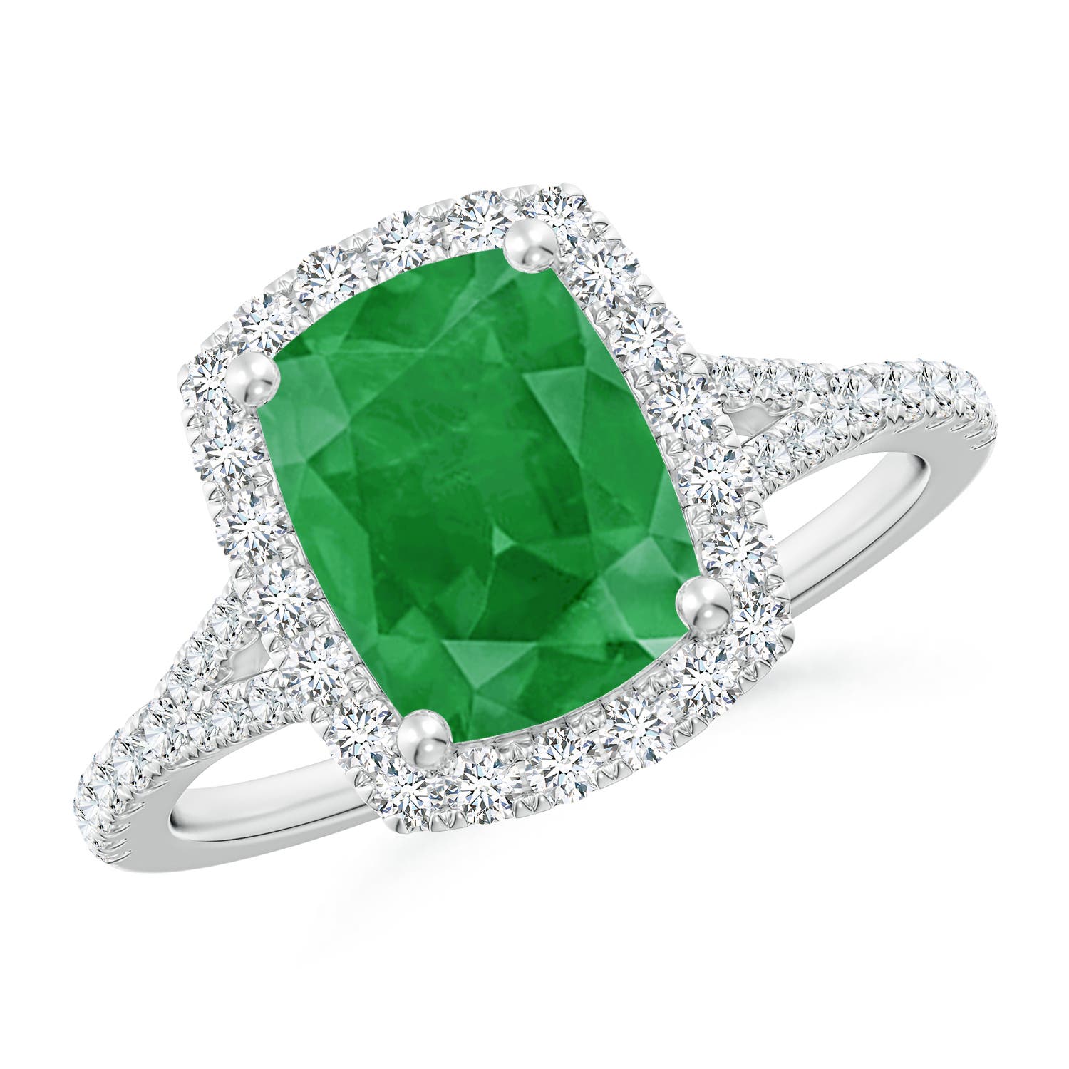 9x7mm A Cushion Rectangular Emerald Halo Split Shank Engagement Ring in P950 Platinum