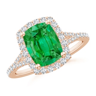 9x7mm AAA Cushion Rectangular Emerald Halo Split Shank Engagement Ring in 10K Rose Gold