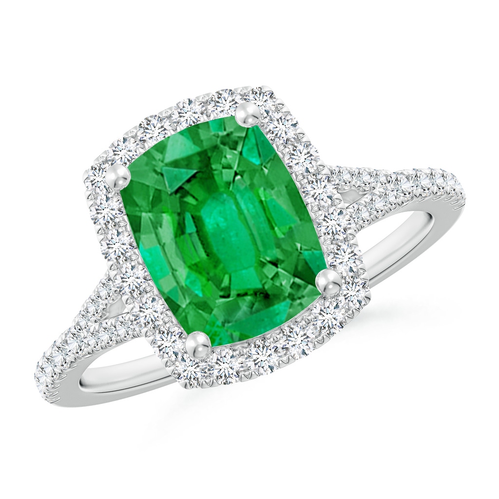 9x7mm AAA Cushion Rectangular Emerald Halo Split Shank Engagement Ring in White Gold