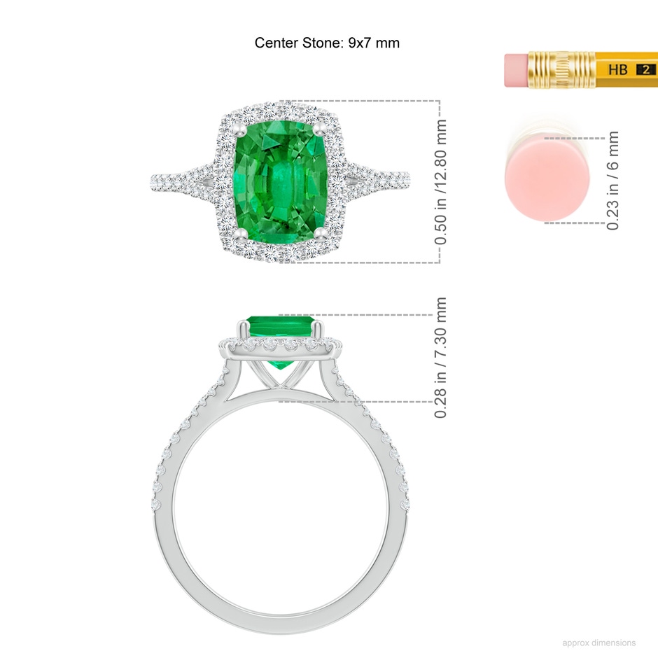 9x7mm AAA Cushion Rectangular Emerald Halo Split Shank Engagement Ring in White Gold ruler