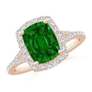9x7mm AAAA Cushion Rectangular Emerald Halo Split Shank Engagement Ring in 10K Rose Gold