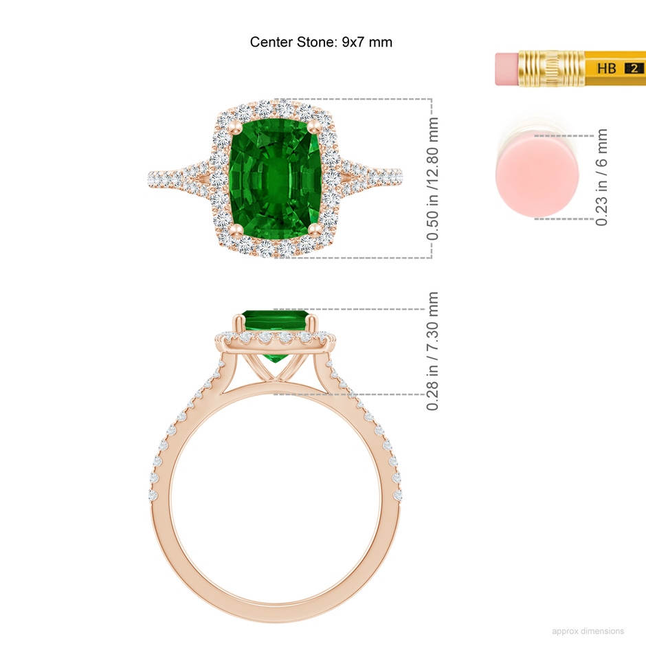 9x7mm AAAA Cushion Rectangular Emerald Halo Split Shank Engagement Ring in 18K Rose Gold ruler