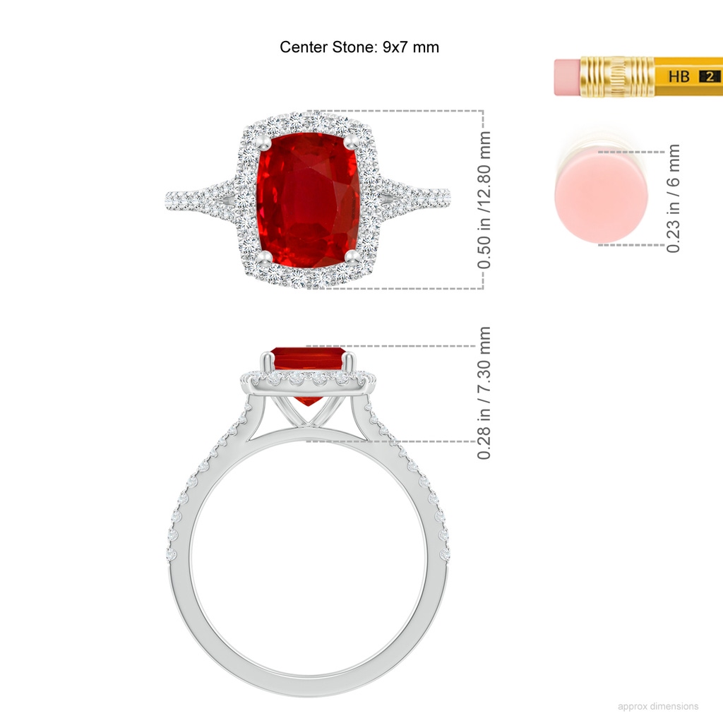 9x7mm AAA Cushion Rectangular Ruby Halo Split Shank Engagement Ring in White Gold ruler