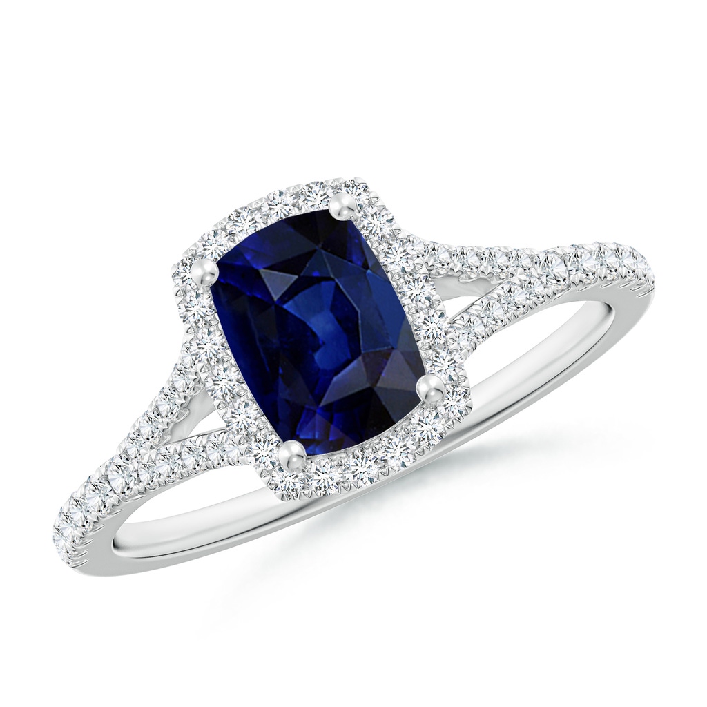 7x5mm AAA Cushion Rectangular Blue Sapphire Halo Split Shank Engagement Ring in White Gold