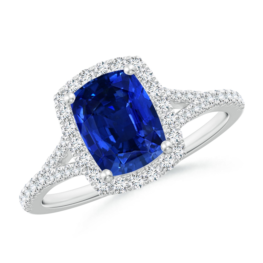 8x6mm Lab-Grown Cushion Rectangular Blue Sapphire Halo Split Shank Engagement Ring in White Gold