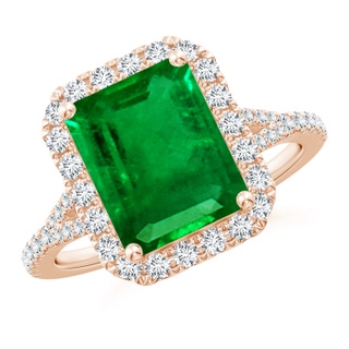 10x8mm AAAA Emerald-Cut Emerald Halo Split Shank Engagement Ring in Rose Gold