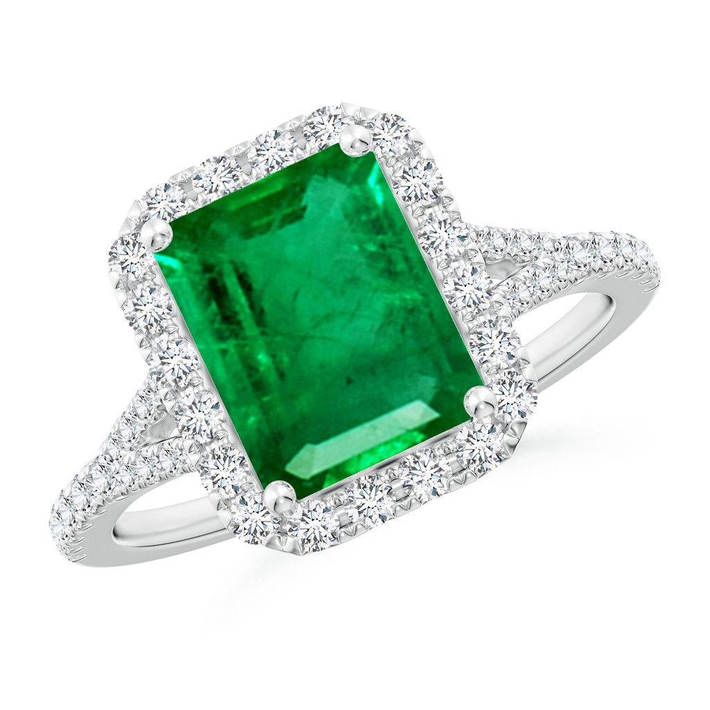 9x7mm AAA Emerald-Cut Emerald Halo Split Shank Engagement Ring in White Gold