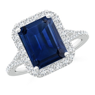 10x8mm AAA Emerald-Cut Blue Sapphire Halo Split Shank Engagement Ring in P950 Platinum