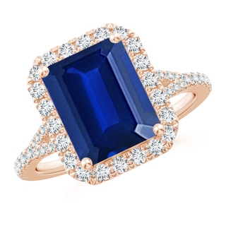 10x8mm AAAA Emerald-Cut Blue Sapphire Halo Split Shank Engagement Ring in 9K Rose Gold