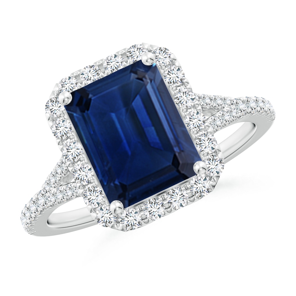 9x7mm AAA Emerald-Cut Blue Sapphire Halo Split Shank Engagement Ring in White Gold