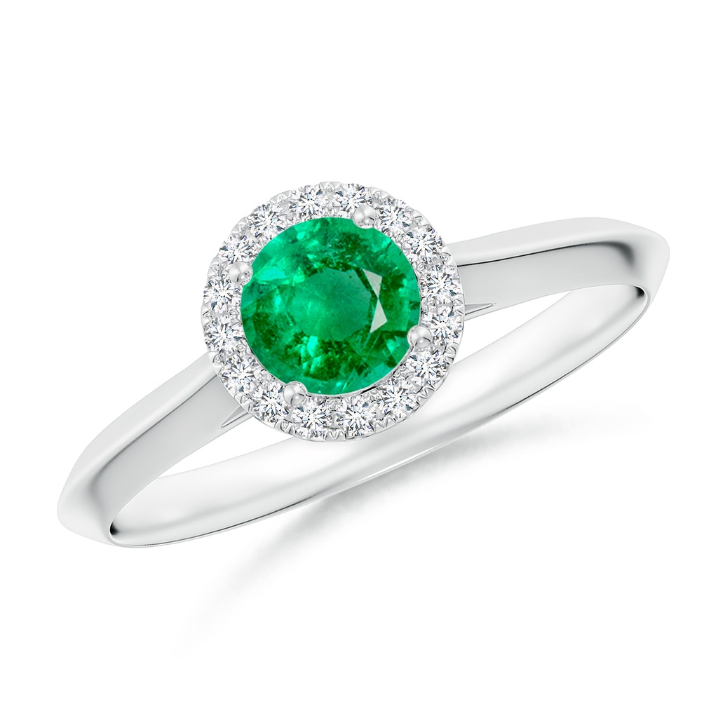 5mm AAA Round Emerald Halo Knife-Edge Shank Engagement Ring in White Gold