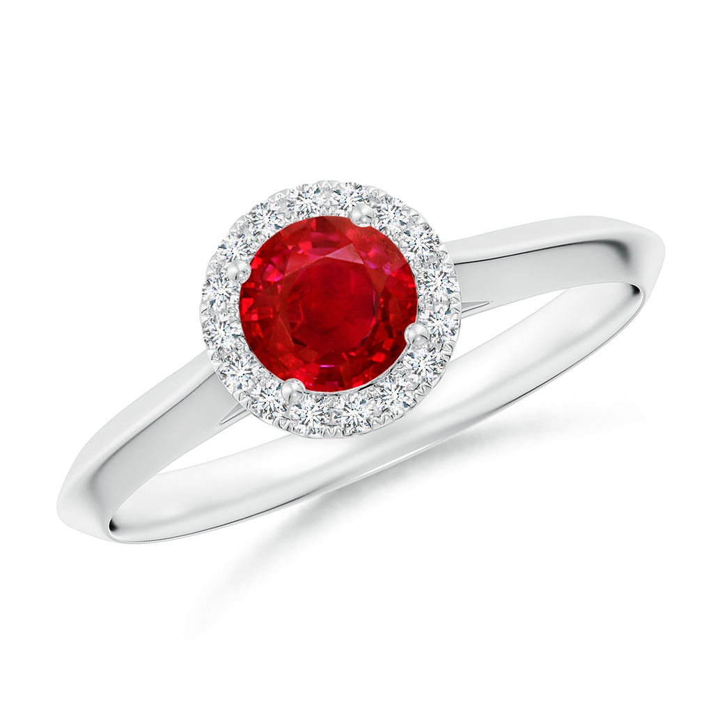 5mm AAA Round Ruby Halo Knife-Edge Shank Engagement Ring in White Gold