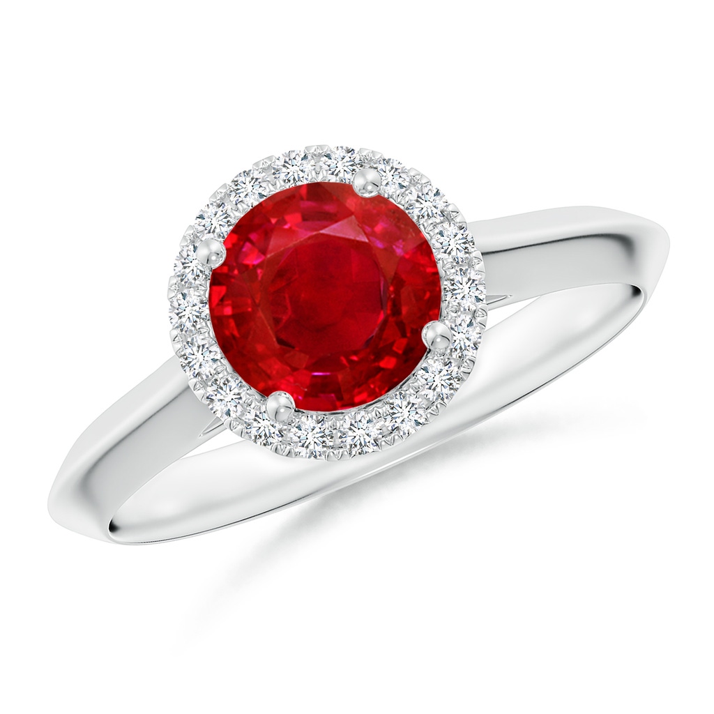 6.5mm AAA Round Ruby Halo Knife-Edge Shank Engagement Ring in White Gold