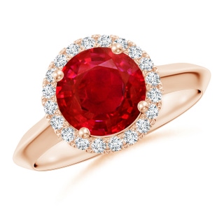 8mm AAA Round Ruby Halo Knife-Edge Shank Engagement Ring in Rose Gold