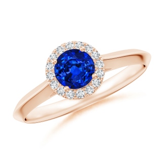 5mm Lab-Grown Round Blue Sapphire Halo Knife-Edge Shank Engagement Ring in 9K Rose Gold