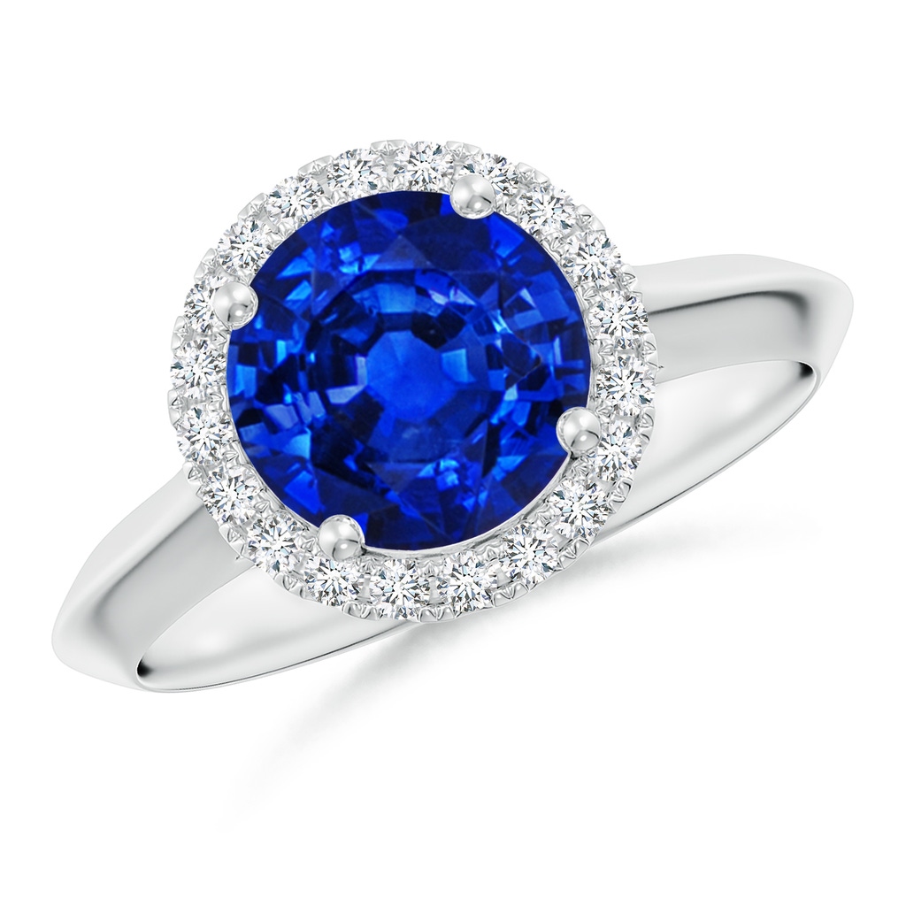 8mm Lab-Grown Round Blue Sapphire Halo Knife-Edge Shank Engagement Ring in 18K White Gold