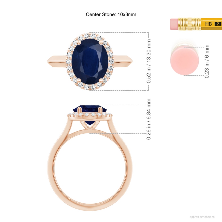 10x8mm A Oval Blue Sapphire Halo Knife-Edge Shank Engagement Ring in 18K Rose Gold ruler