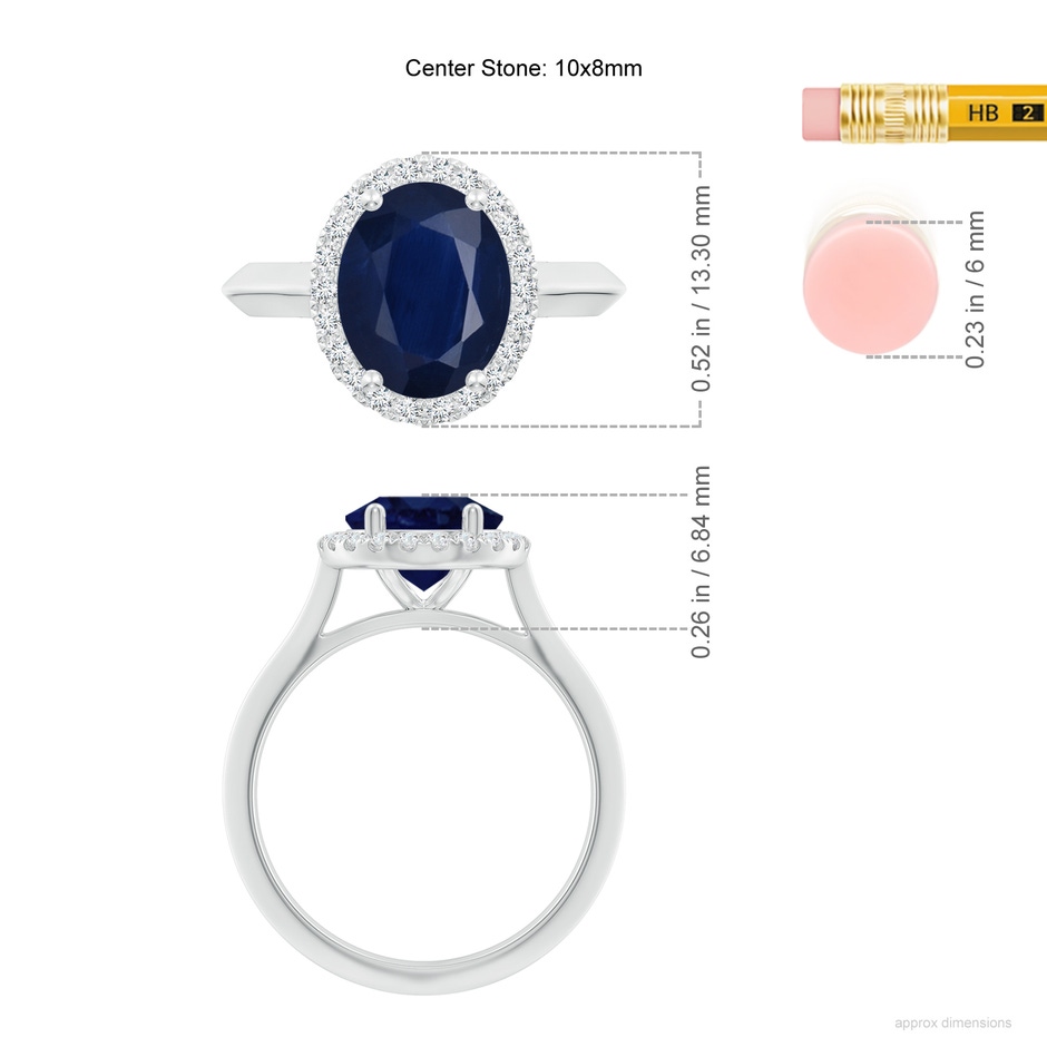 10x8mm A Oval Blue Sapphire Halo Knife-Edge Shank Engagement Ring in 18K White Gold ruler