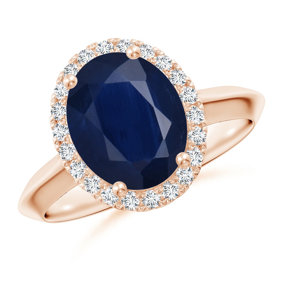 10x8mm A Oval Blue Sapphire Halo Knife-Edge Shank Engagement Ring in Rose Gold 