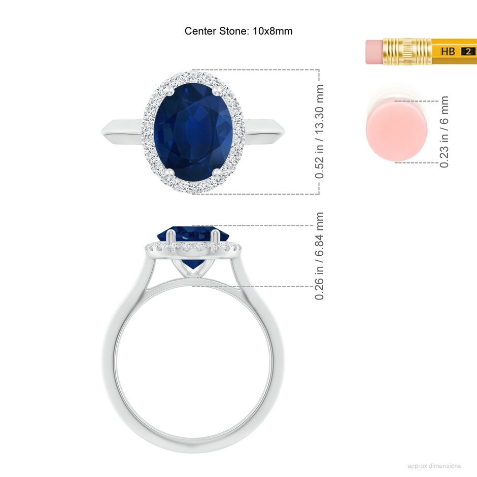 10x8mm AA Oval Blue Sapphire Halo Knife-Edge Shank Engagement Ring in P950 Platinum ruler
