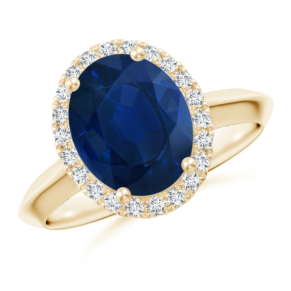 10x8mm AA Oval Blue Sapphire Halo Knife-Edge Shank Engagement Ring in Yellow Gold 