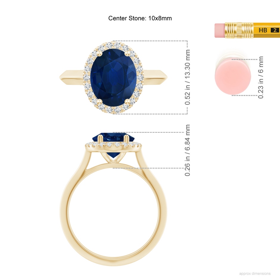 10x8mm AA Oval Blue Sapphire Halo Knife-Edge Shank Engagement Ring in Yellow Gold ruler