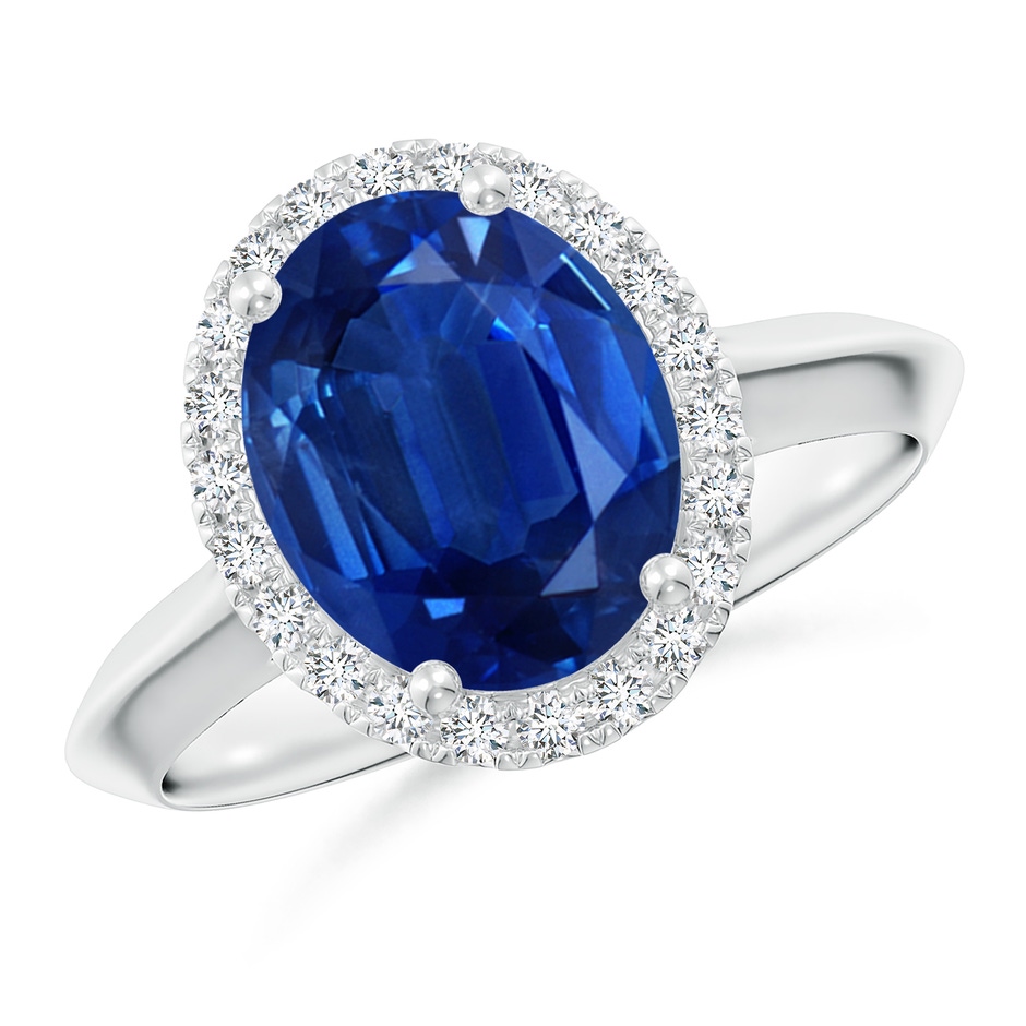 10x8mm AAA Oval Blue Sapphire Halo Knife-Edge Shank Engagement Ring in P950 Platinum 