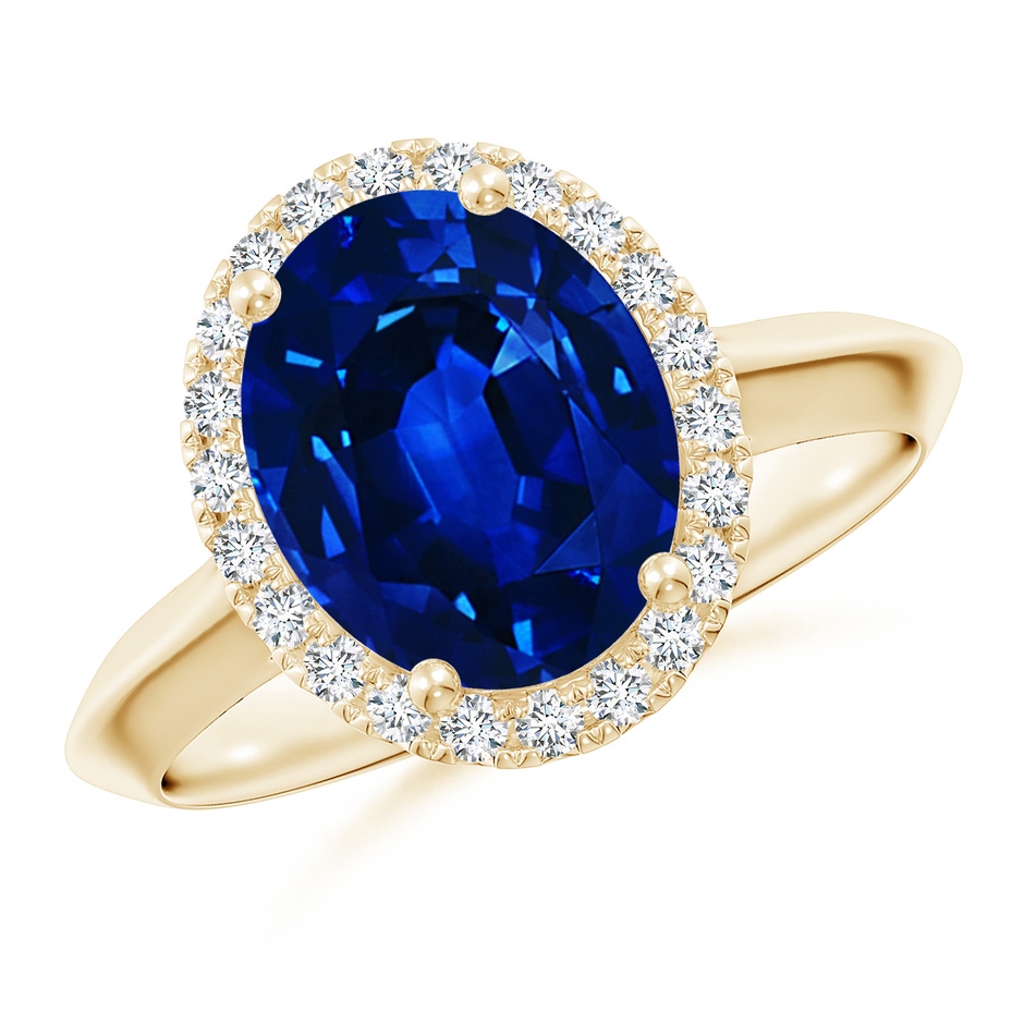 10x8mm AAAA Oval Blue Sapphire Halo Knife-Edge Shank Engagement Ring in 18K Yellow Gold 