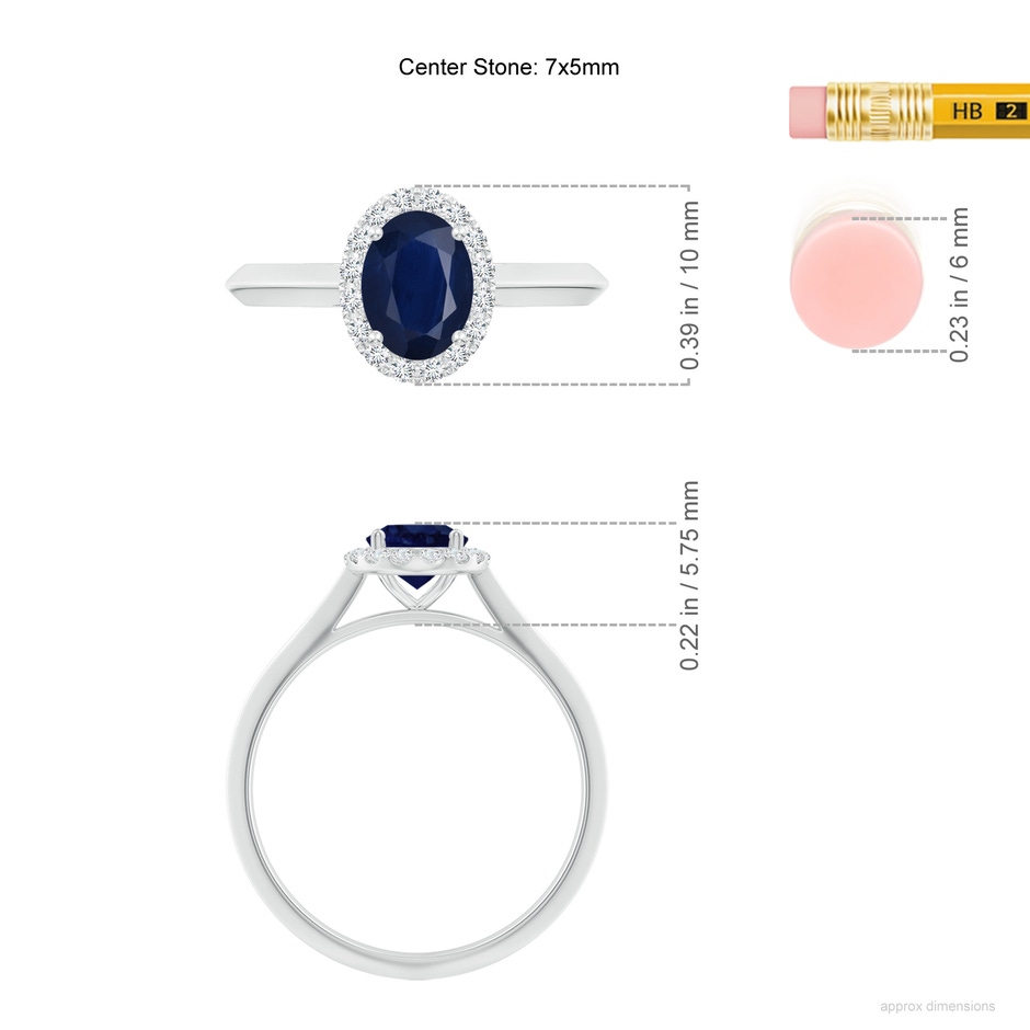 7x5mm A Oval Blue Sapphire Halo Knife-Edge Shank Engagement Ring in White Gold ruler