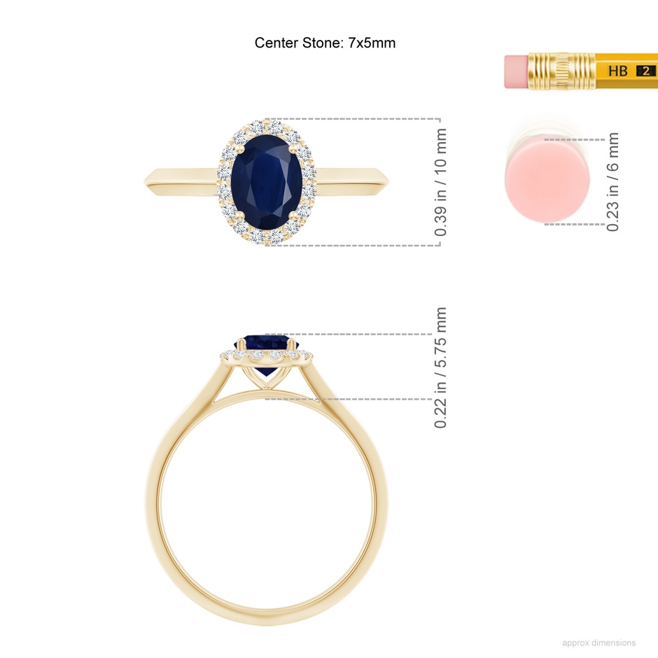 7x5mm A Oval Blue Sapphire Halo Knife-Edge Shank Engagement Ring in Yellow Gold ruler