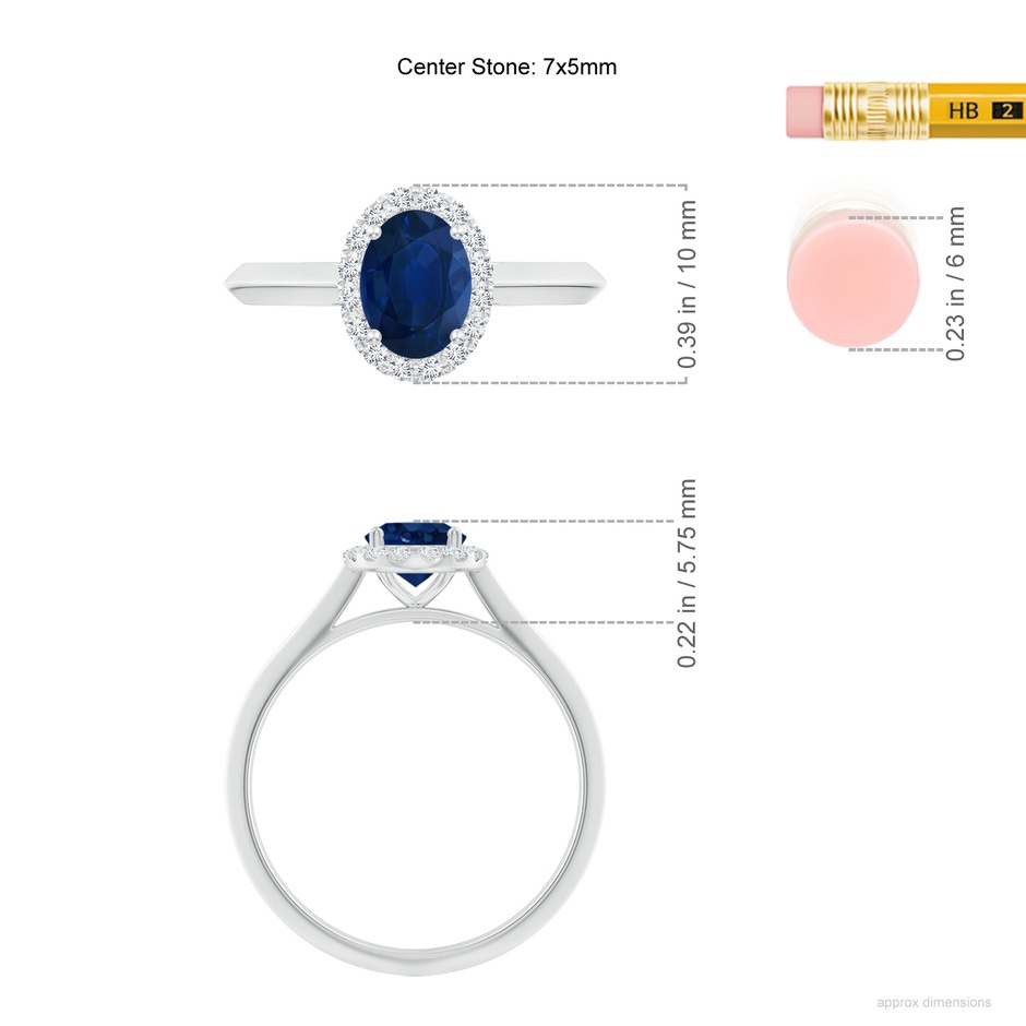 7x5mm AA Oval Blue Sapphire Halo Knife-Edge Shank Engagement Ring in P950 Platinum ruler