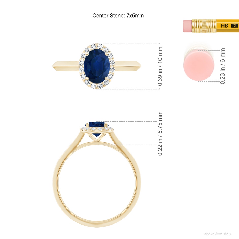 7x5mm AA Oval Blue Sapphire Halo Knife-Edge Shank Engagement Ring in Yellow Gold ruler