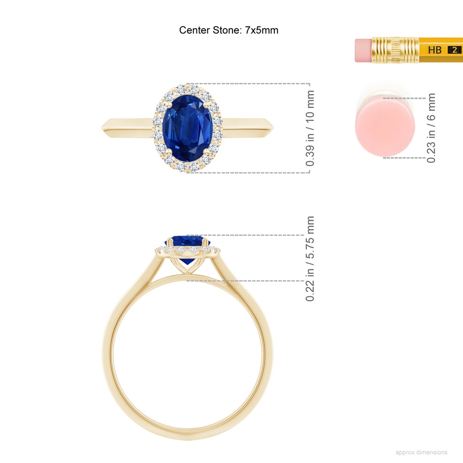 7x5mm AAA Oval Blue Sapphire Halo Knife-Edge Shank Engagement Ring in Yellow Gold ruler