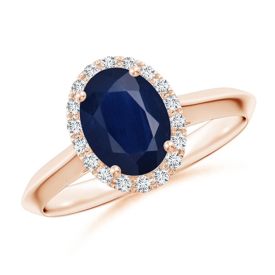 8x6mm A Oval Blue Sapphire Halo Knife-Edge Shank Engagement Ring in Rose Gold 