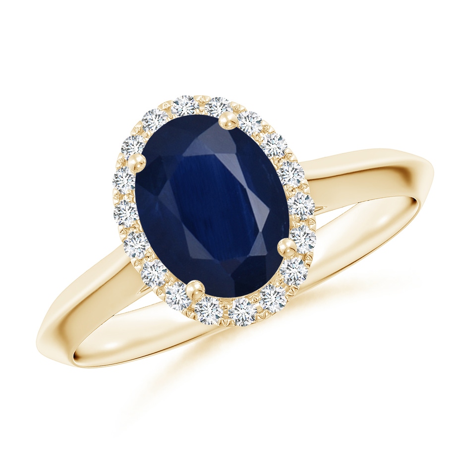 8x6mm A Oval Blue Sapphire Halo Knife-Edge Shank Engagement Ring in Yellow Gold 