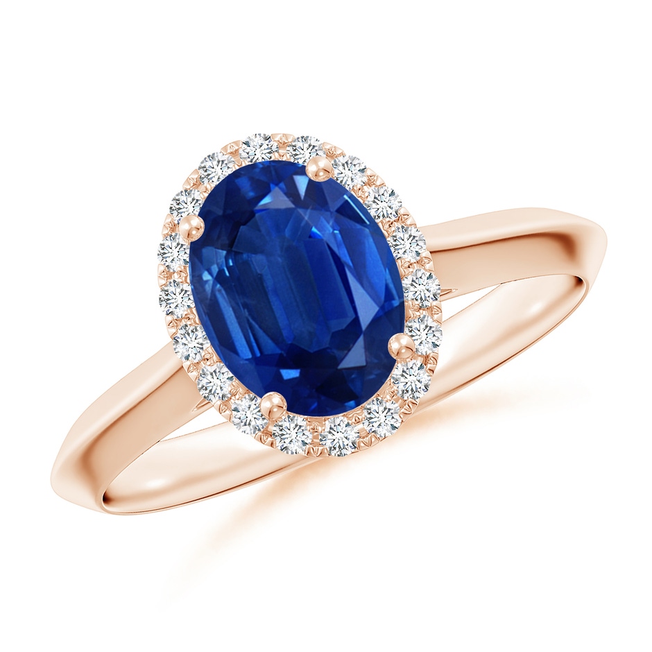 8x6mm AAA Oval Blue Sapphire Halo Knife-Edge Shank Engagement Ring in Rose Gold 